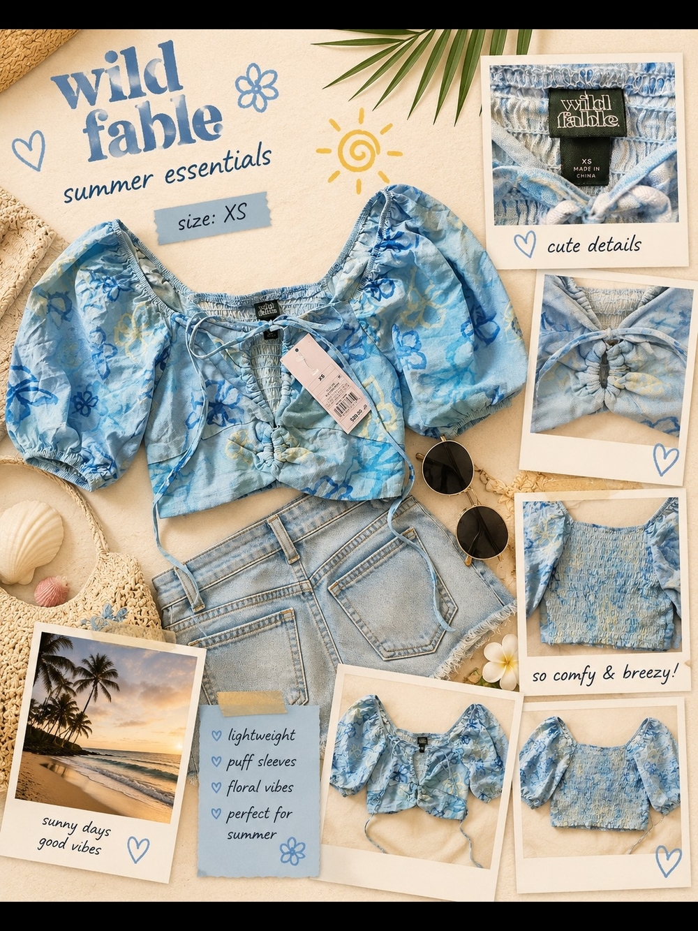 wild fable Light Blue Floral Puff-Sleeve Tie-Front Crop Top